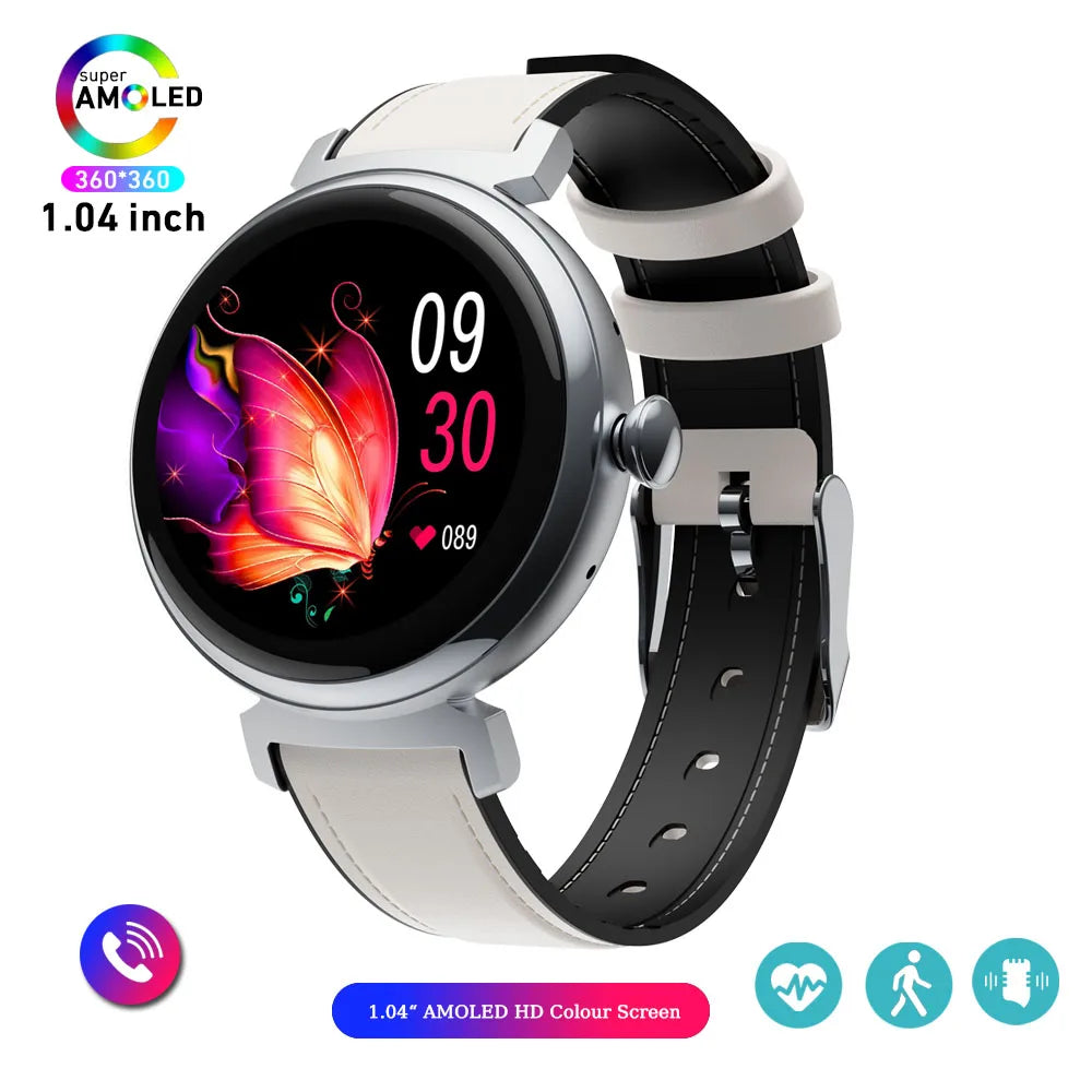 Bluetooth Call Smart Watch Screen Always Display 1.04 inch AMOLED Screen Fashion Ladies Smartwatch Metal Body Small Screen Watch