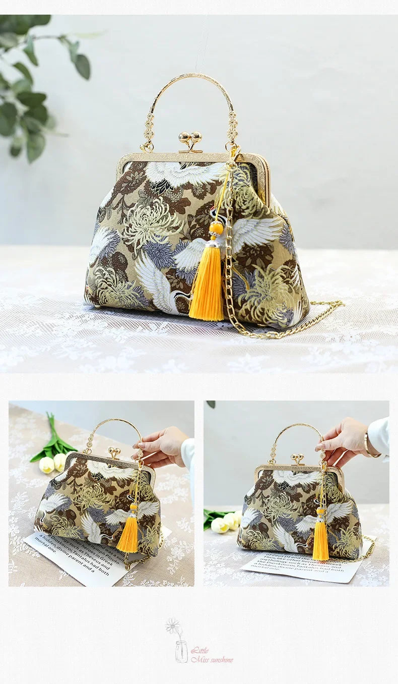 Fashion Vintage Fringe Bag Small Shell Bags Chain Women Shoulder Crossbody Bag Crane Flying Women's Handbags Purses Embroidery