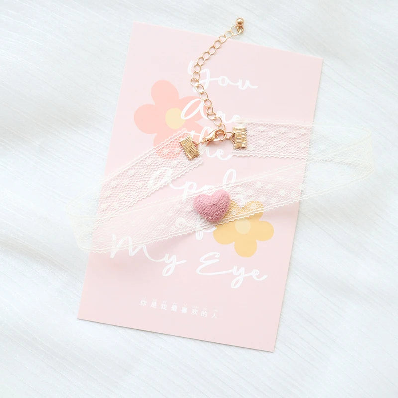Fashion Women's Choker Necklace Lovely Gothic Pink Lace Pearl Pendant Elastic Short Clavicle Necklace Jewelry Gift For Girls