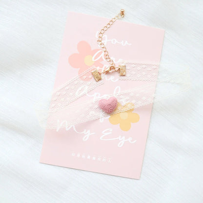 Fashion Women's Choker Necklace Lovely Gothic Pink Lace Pearl Pendant Elastic Short Clavicle Necklace Jewelry Gift For Girls