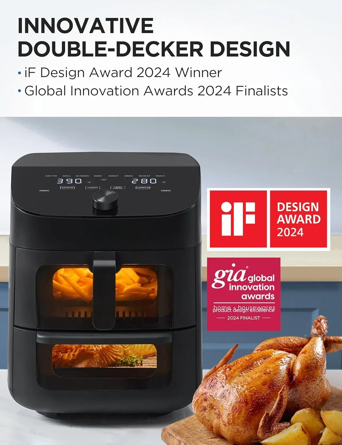 Dual Basket Air Fryer Oven 11 Quart 8 in 1 Functions, Clear Window, Smart Sync Finish, Works with Alexa, Wi-Fi Connectivity