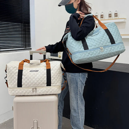 Nylon Travel Duffle Bag with Shoe Compartment, Large Capacity Argyle Pattern Casual Weekender Overnight Gym Storage Bag