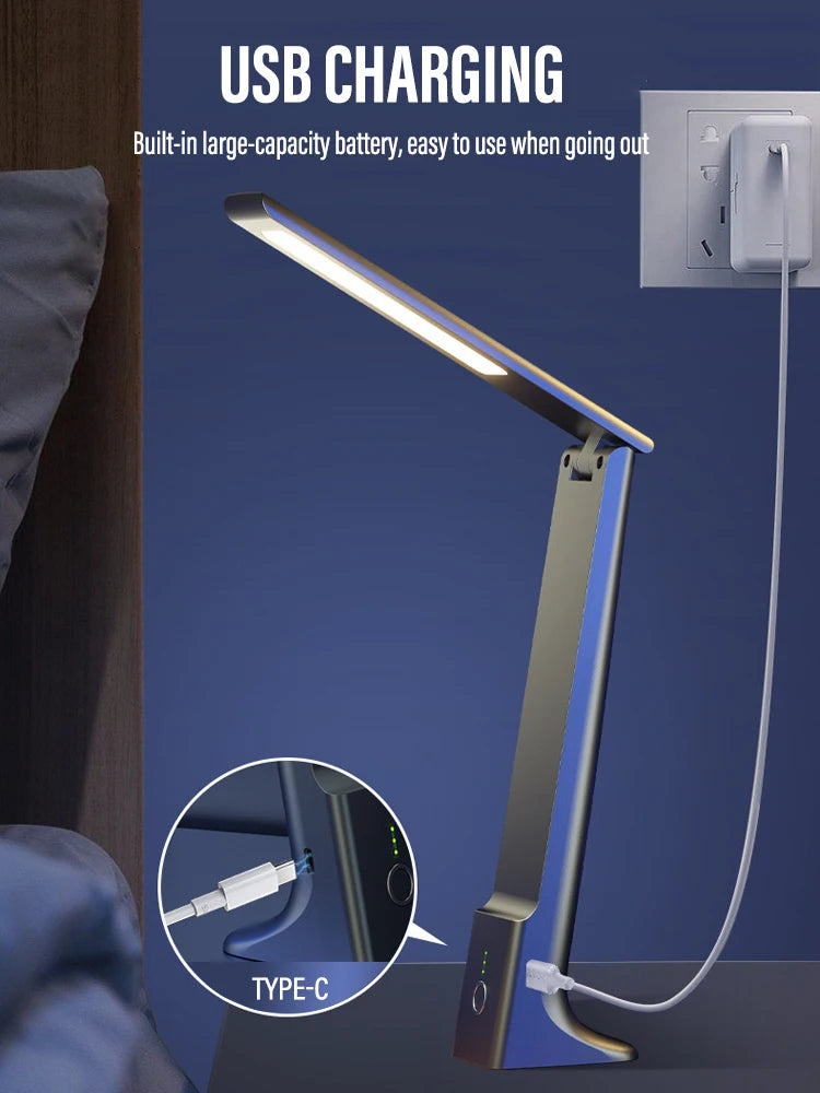 LED Folding Desk Lamp USB Charging Touch Control Dimmable Desktop Eye Protection Reading Study Office Bedroom Bedside Lamp