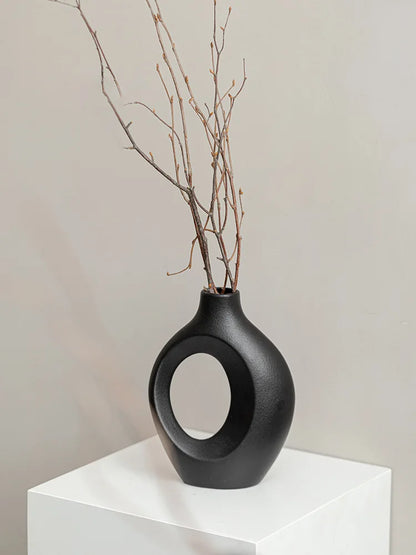 ,  Hollow Cuddled Ceramic Vase, 2 for Modern Home Decoration, Boho Donut Vase, Black and White Minimalist Decorative Flowerpot