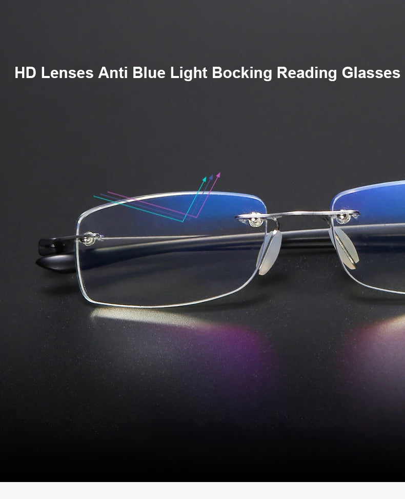 Men's Anti Blue Light Blocking Reading Glasses Cut Frameless Metal HD Lens Eyewear Women Prescription Presbyopic Glasses +400