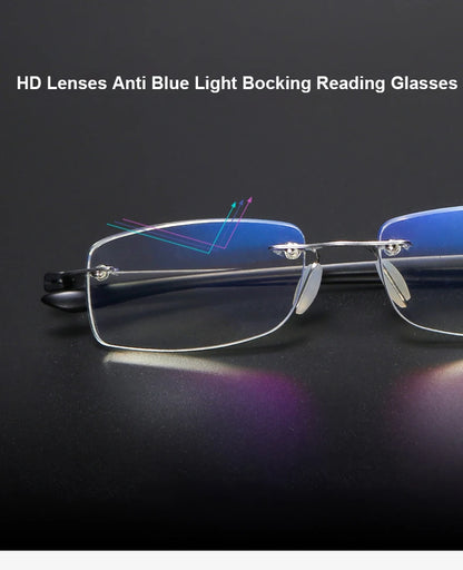 Men's Anti Blue Light Blocking Reading Glasses Cut Frameless Metal HD Lens Eyewear Women Prescription Presbyopic Glasses +400