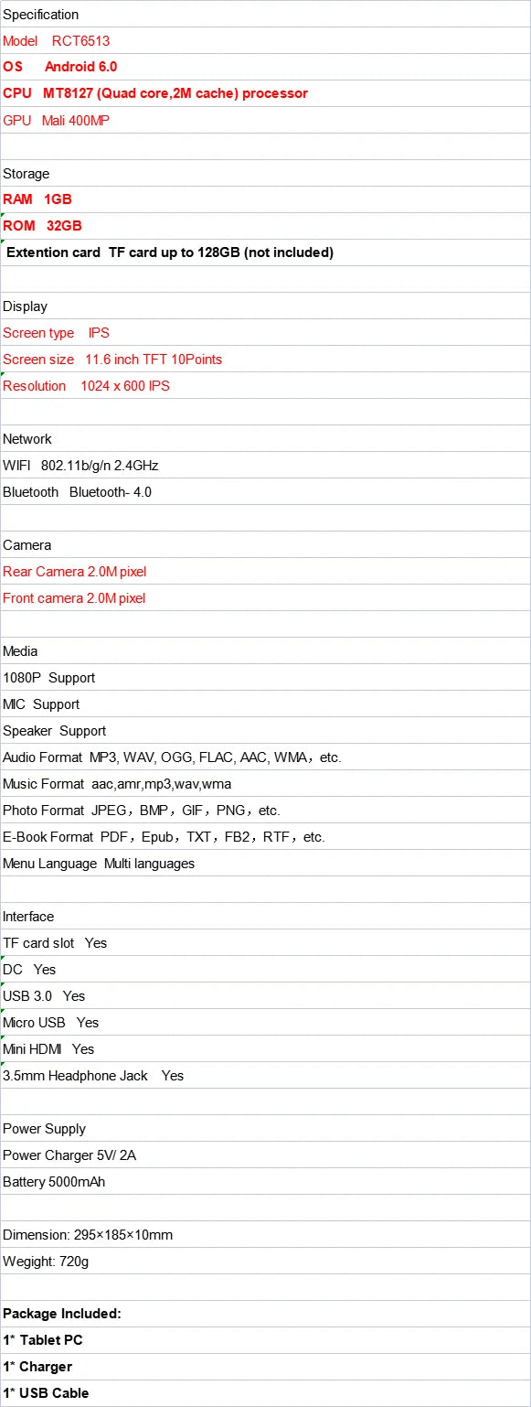 2025 New RCT6513 11.6" MT8127 Quad Core Android 6.0 Tablet WIFI Bluetooth Daual Cameras 5000mAh Battery HDMI Port