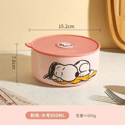 Snoopy animation peripheral cartoon safety bowl sealed ceramic box with lid can be microwaved and portable for office workers