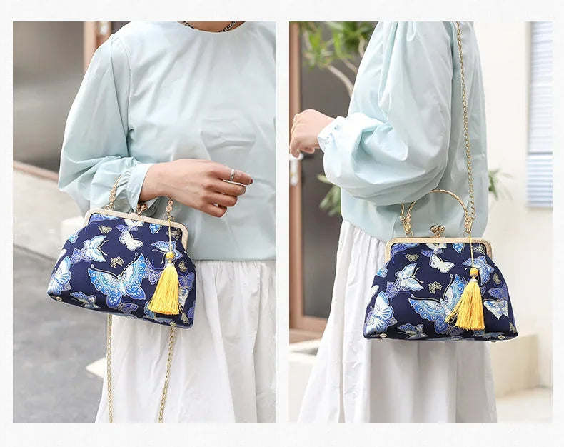 Fashion Vintage Fringe Bag Small Shell Bags Chain Women Shoulder Crossbody Bag Crane Flying Women's Handbags Purses Embroidery