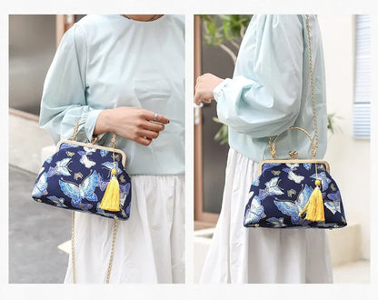 Fashion Vintage Fringe Bag Small Shell Bags Chain Women Shoulder Crossbody Bag Crane Flying Women's Handbags Purses Embroidery