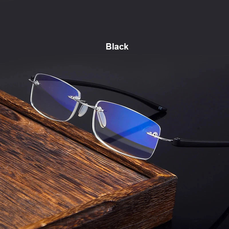 Men's Anti Blue Light Blocking Reading Glasses Cut Frameless Metal HD Lens Eyewear Women Prescription Presbyopic Glasses +400
