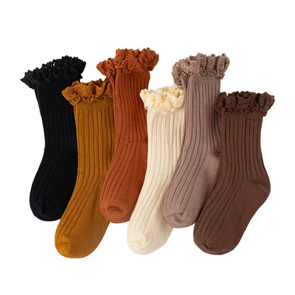 Korean Baby Children Girls Cute Striped Socks Kids School Uniform Stockings Princess Floral Ruffled Long Socks Mid-calf Socks