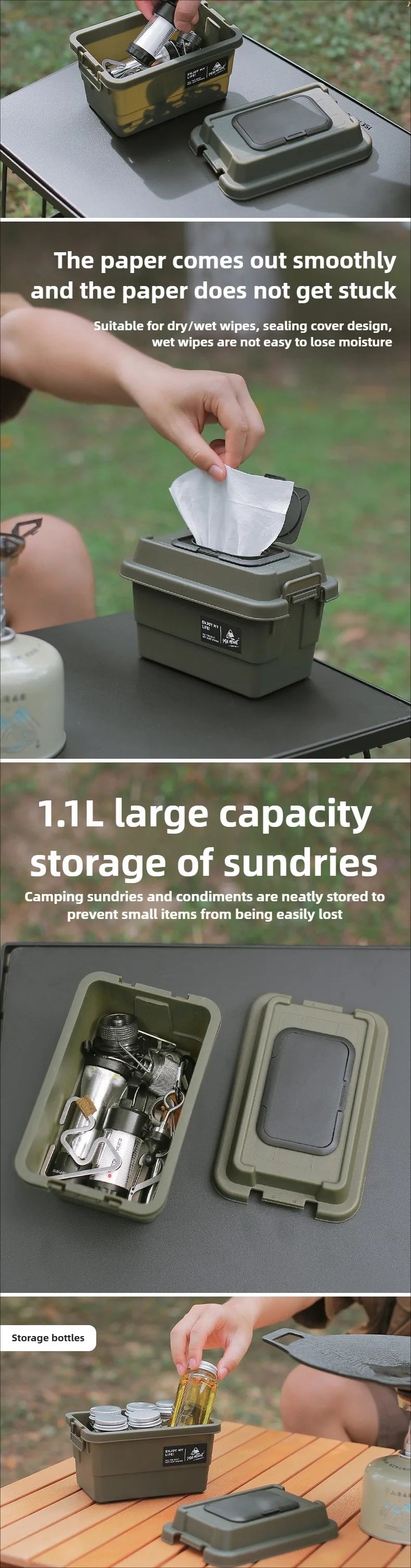 ISE MOUNT Outdoor Tissue Case Desktop Napkin Paper Storage Box Portable 1.1L Camping Picnic Seasoning Bottle Organizer Sundries