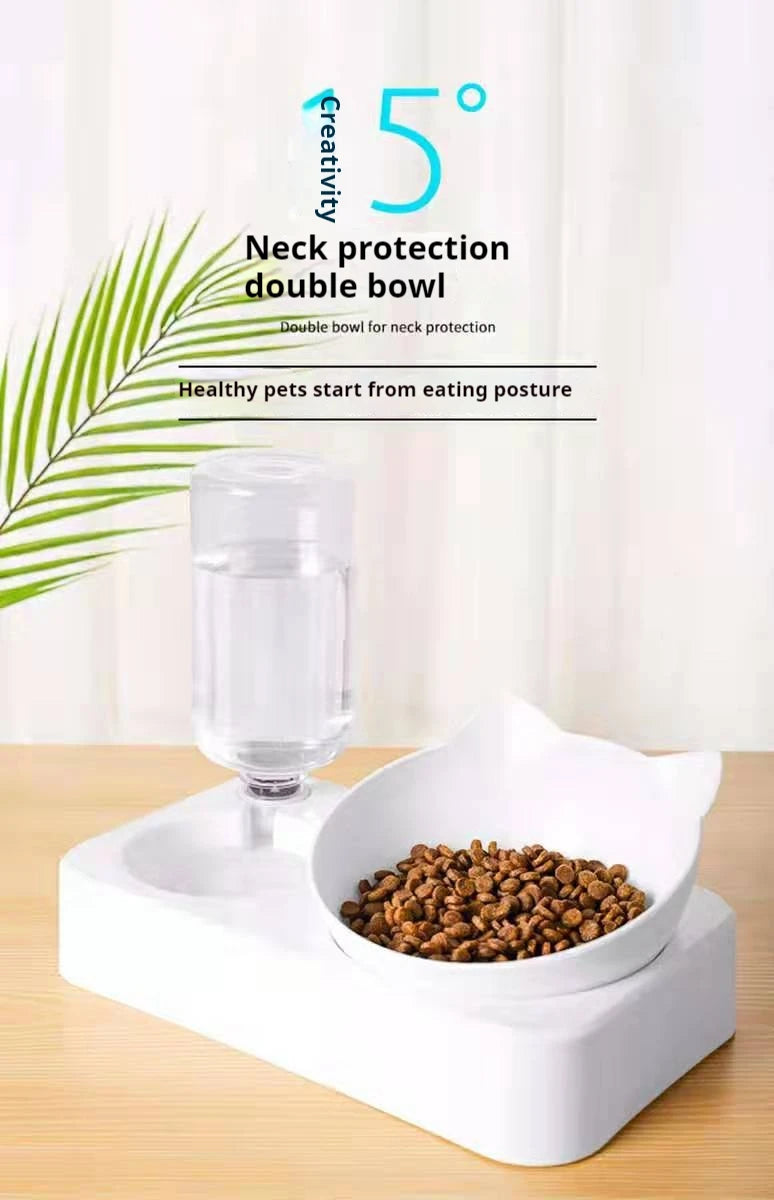 Double Dog Cat Bowls Water and Food Bowl  Tilted15 Degrees Raised Cat Bowls with Automatic Water Bottle-Pet Feeder