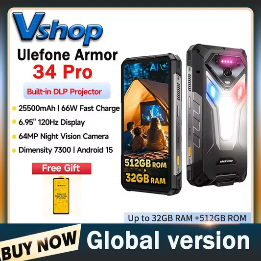 Ulefone Armor 34 Pro 5G AI Rugged Phone 32GB+512GB 25500mAh 6.95" Built-in Projector 120Hz Android 15 MTK 7300 NFC Smartphone