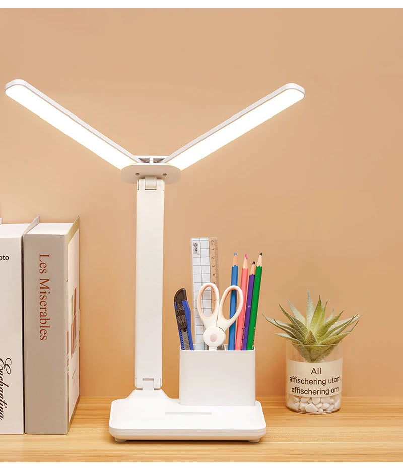 LED Table Lamp USB Chargeable Dimmable Clock Desk Lamps 2 Heads 180 Rotate Foldable Eye Protection Desktop Reading Night Lights