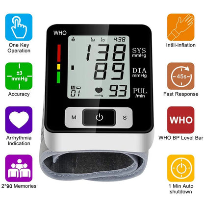 Electronic Blood Pressure Monitor Wrist Cuff Tonometer Digital Sphygmomanometer Electronic Bp Monitors Blood Meter for Home Use