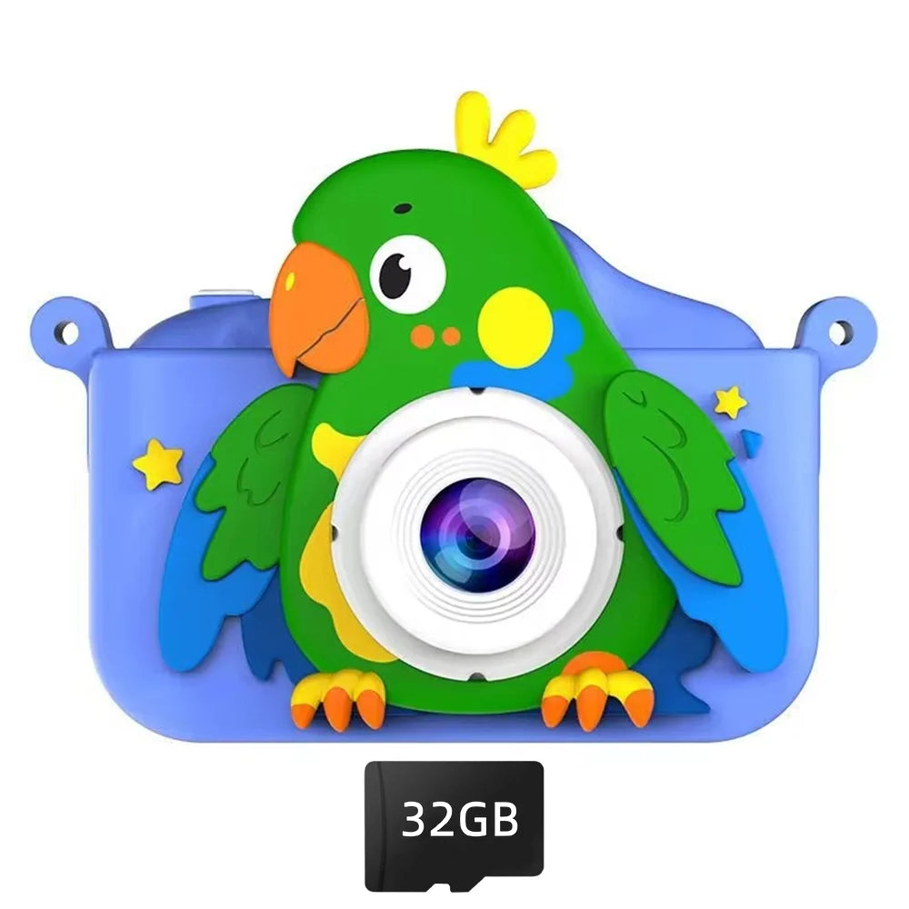 Kids Toys Camera HD 2.0 Inch Screen Cartoon Parrot Case 32GB Card Video Photo Child Birthday Festival Gifts Digital Camera Toys