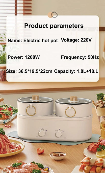 1.8L Home Dual Capacity Electric Cooker Split Yuanyang Electric Hot Pot Multifunctional Pot Non-stick Electric Frying Pan 220V