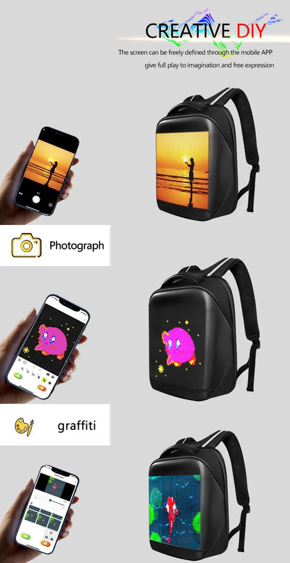 Fashion Custom APP Programmable Smart Led GIF Picture Advertising Backpack