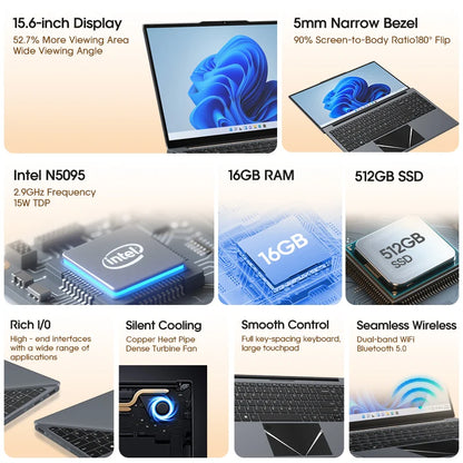 Laptop 15.6 Inch Intel N5095 Windows 10 Notebook Computer 16GB DDR4 512GB SSD 4000mAh Business Study Gaming Portable Laptop
