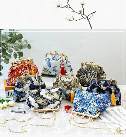 Fashion Vintage Fringe Bag Small Shell Bags Chain Women Shoulder Crossbody Bag Crane Flying Women's Handbags Purses Embroidery