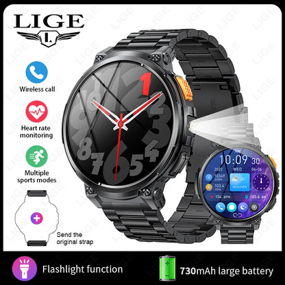 LIGE 1.85"HD Screen Outdoor Sport Smartwatch Men Heart Rate Flashlight Watch 730mAh Battery Waterproof Wireless Call Smart Watch