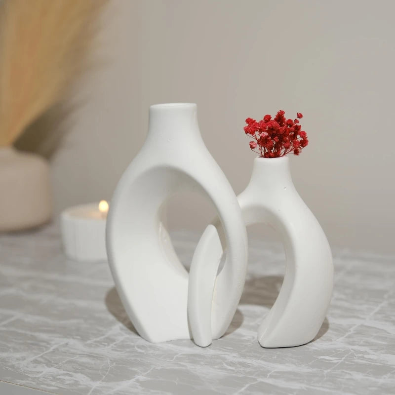Hollow Nordic Modern Ceramic Vase Set of 2 for Modern Home Decor,Plastic imitation ceramic Hollow Flower Vases for Living Room