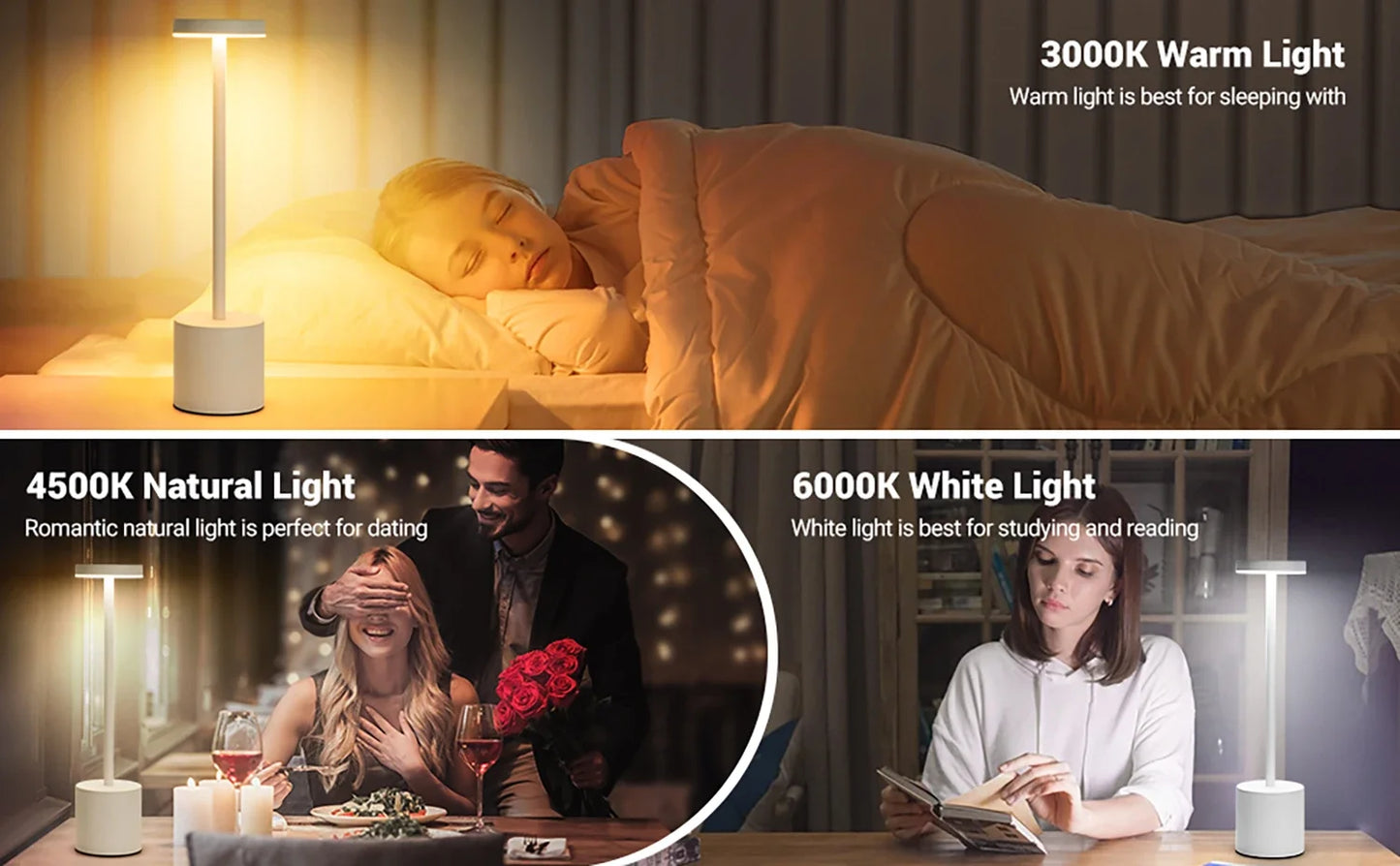 2pcs USB Rechargeable LED Desk Lamp Stepless Dimming Tricolor Touch Night Light Bedside Light Bar Hotel Decoration