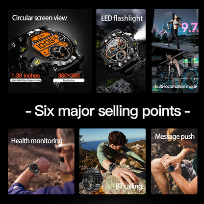 Outdoor Sport Smart Watch LED Flashlight Health Monitor Bracelet Bluetooth Make Answer Call Waterproof Men Military Smartwatch