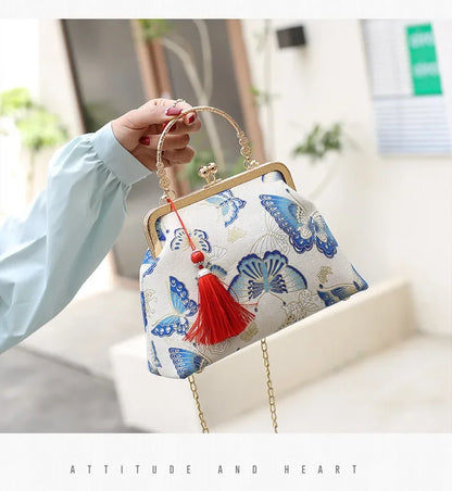 Fashion Vintage Fringe Bag Small Shell Bags Chain Women Shoulder Crossbody Bag Crane Flying Women's Handbags Purses Embroidery