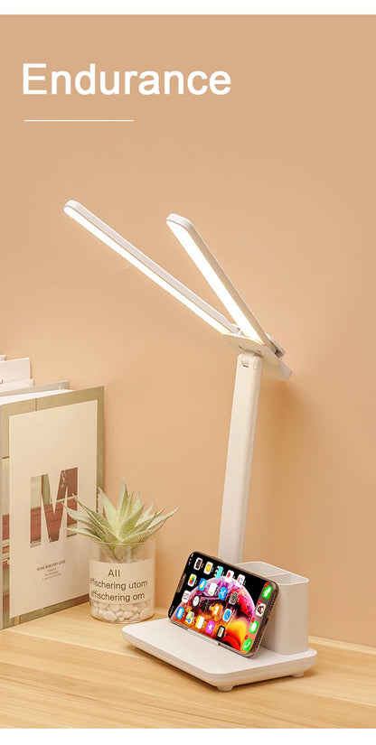 LED Table Lamp USB Chargeable Dimmable Clock Desk Lamps 2 Heads 180 Rotate Foldable Eye Protection Desktop Reading Night Lights