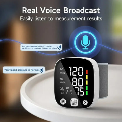 Blood pressure monitor bag New LED Rechargeable Wrist Blood Pressure Monitor English Voice Broadcast Tonometer BP Monitor