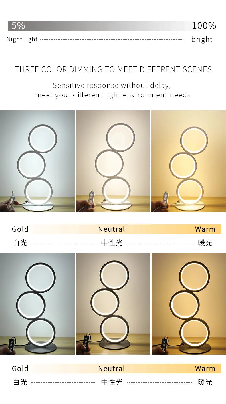 Dimming Table Lamp Intelligent Touch Ring Night Light Bedroom Simple Modern Living Room Lamp Monochrome Circle DeskTable Lamp