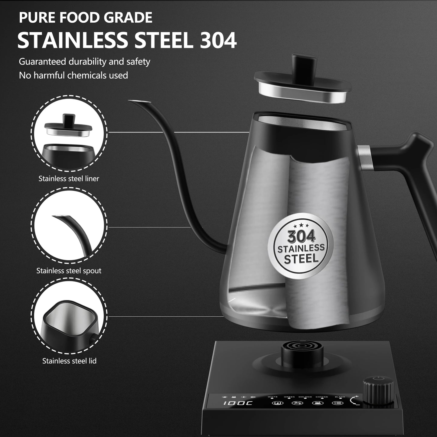 600ml Gooseneck Electric Kettle Hand Brew Coffee Pot Temperature Control Smart Tea Pot Rapid Heating Kettle 220V