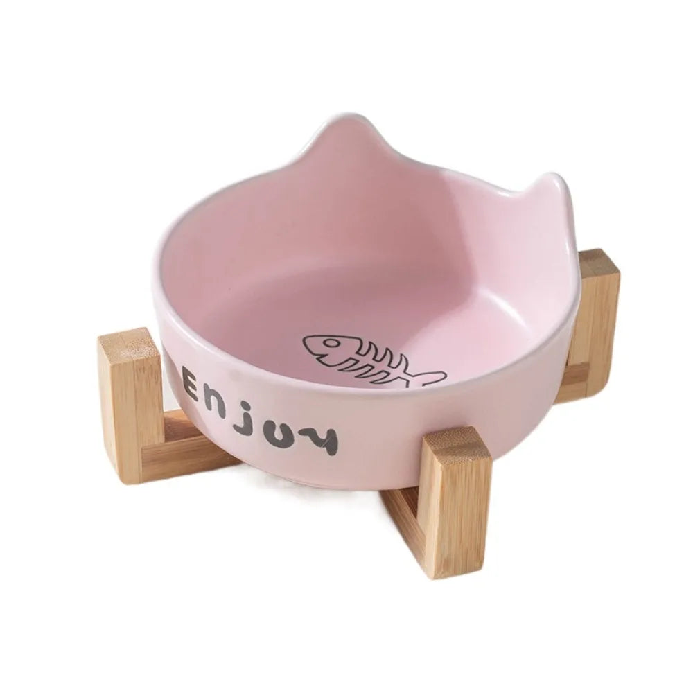 Ceramic Pet Bowl Cute Single/Double Bowl Dog Food Feeding Basin Large Capacity with Rack Pet Drinking Feeder Neck Protection