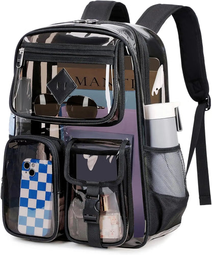 Clear Backpack for School,Heavy Duty PVC Transparent Bookbag for Girls Stadium Approved See Through Backpack