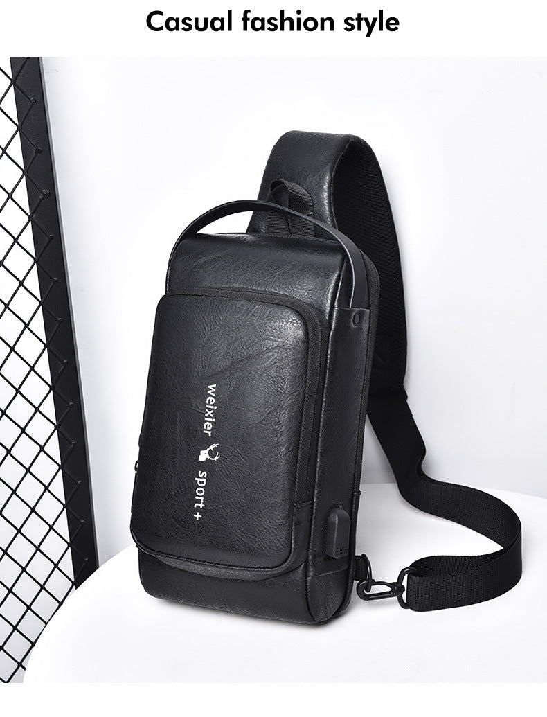 New Casual Chest Bag Travel shoulder bag Men Multifunction Anti-theft USB Charging Crossbody Bag Quality PU Leather Pack Male
