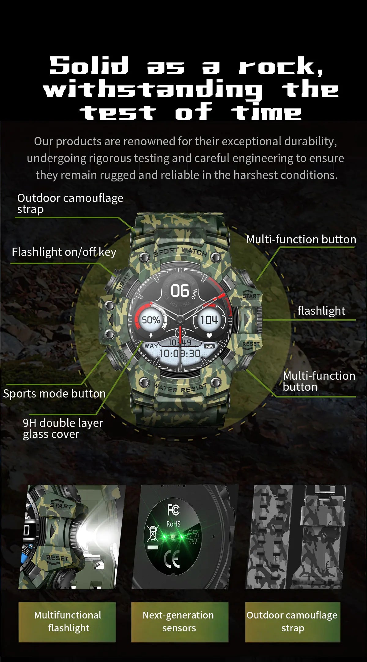 2025New Outdoor Sports Flashlight Fitness Smart Watch Bluetooth Call Multiple Sports Modes Compass Waterproof Outdoor Durable