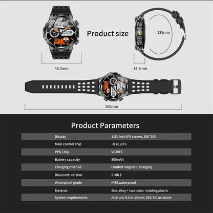 Outdoors Smart Watch Men Women BT Call Health Music 800Mah Battery Smartwatch Flashlight Compass Sports Fitness IP68 Waterproof