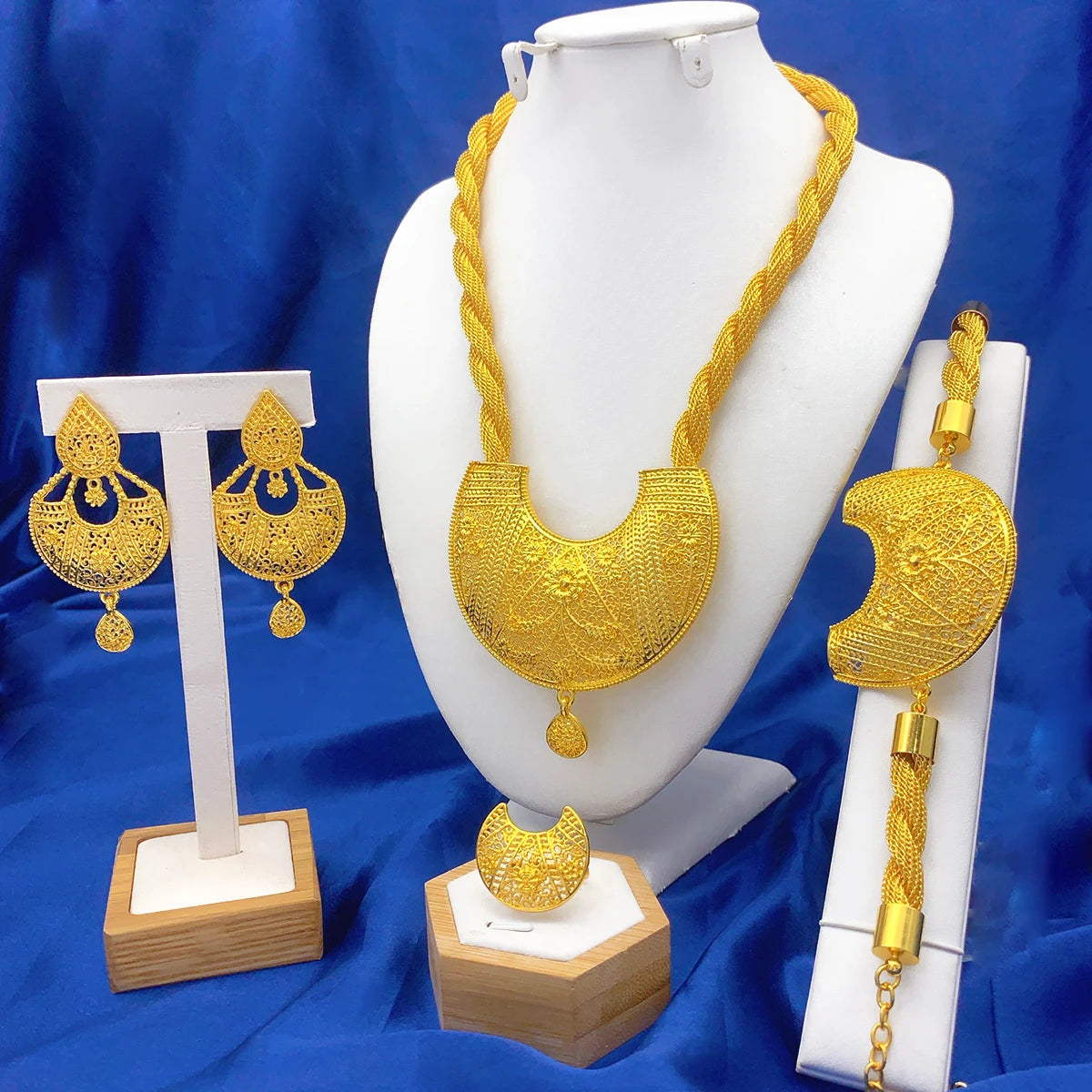 Luxury Dubai Rectangle Necklace And Earrings Jewelry Sets For Women Ethiopian Indian Bridal 24k Gold Color Set Wedding Party