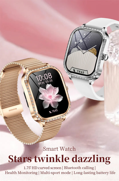 New Fashion Women Smart Watch 1.75inch Curved Screen Sports Bracelet BT HD Calling Clock IP68 Waterproof Diamond Case Smartwatch