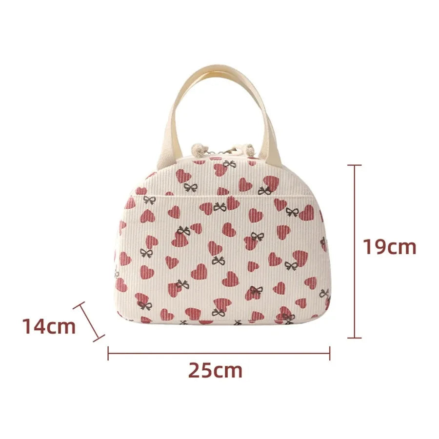 Portable Corduroy Lunch Bags Thermal Insulation Lunch Box Cute Print Women Lunch Storage Bag Picnic Bento Large Capacity Handbag