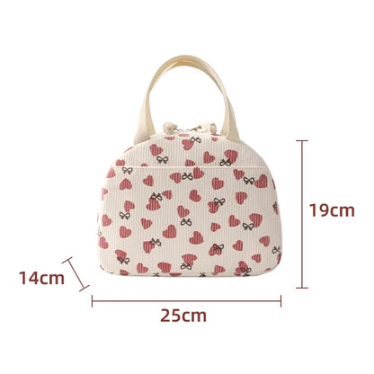 Portable Corduroy Lunch Bags Thermal Insulation Lunch Box Cute Print Women Lunch Storage Bag Picnic Bento Large Capacity Handbag