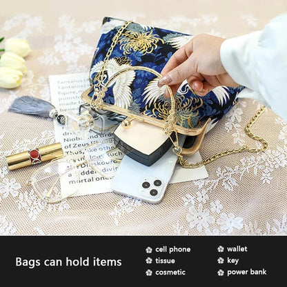 Fashion Vintage Fringe Bag Small Shell Bags Chain Women Shoulder Crossbody Bag Crane Flying Women's Handbags Purses Embroidery