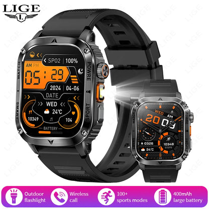 LIGE New Premium Military Smart Watch Men Flashlight Waterproof Outdoor Sport Tracker Bluetooth Call Smartwatch 400mAh Battery