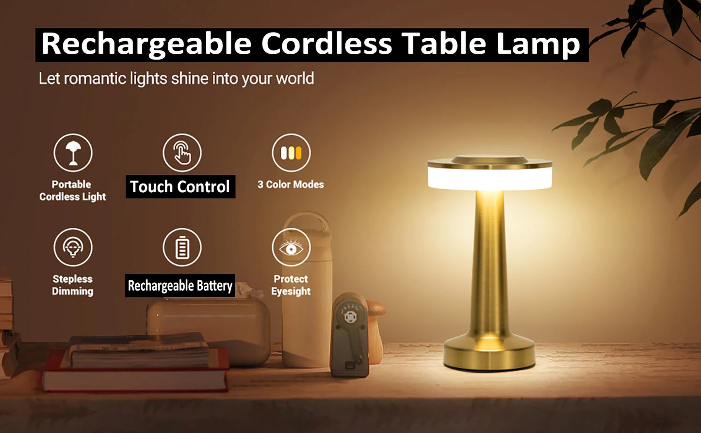 LED Table Lamp Touch Sensor Rechargeable Desktop Night Light Wireless Reading Lamp for Restaurant Hotel Bar Bedroom Decor Light