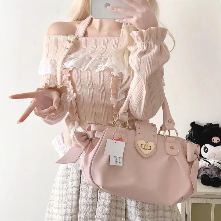 Sweet Bow Lolita Pink Hand Bag Purse Women Harajuku Love Heart Soft Crossbody Bag Lady Kawaii Large Capacity Shoulder Bag Female