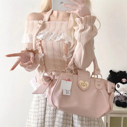 Sweet Bow Lolita Pink Hand Bag Purse Women Harajuku Love Heart Soft Crossbody Bag Lady Kawaii Large Capacity Shoulder Bag Female