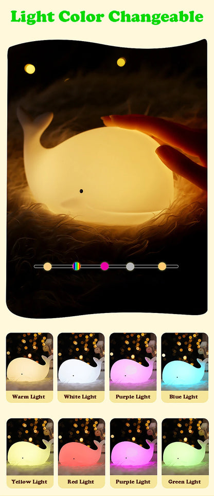 LED Night Light Cute Whale Cartoon animals Silicone Lamp for Children Kid Touch Sensor Timing USB Rechargeable for Birthday Gift